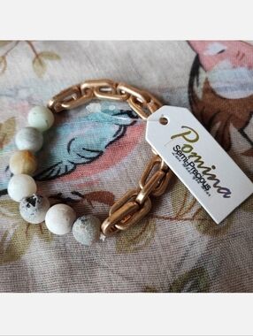 Pomina Natural Semi Precious Stone Amazonite? Gold Tone Link Chain Bracelet NWT